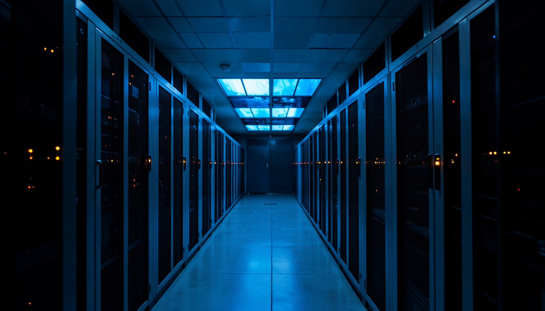 A moody wide-angle view of a data center aisle with rows of rack cabinets bathed in cool blue light, contrasted by warm amber indicator LEDs
